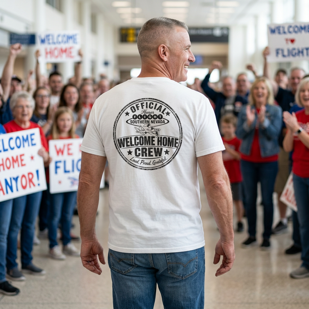 HFSN Welcome Home Crew T-shirt worn at an Honor Flight Southern Nevada Veteran homecoming celebration.