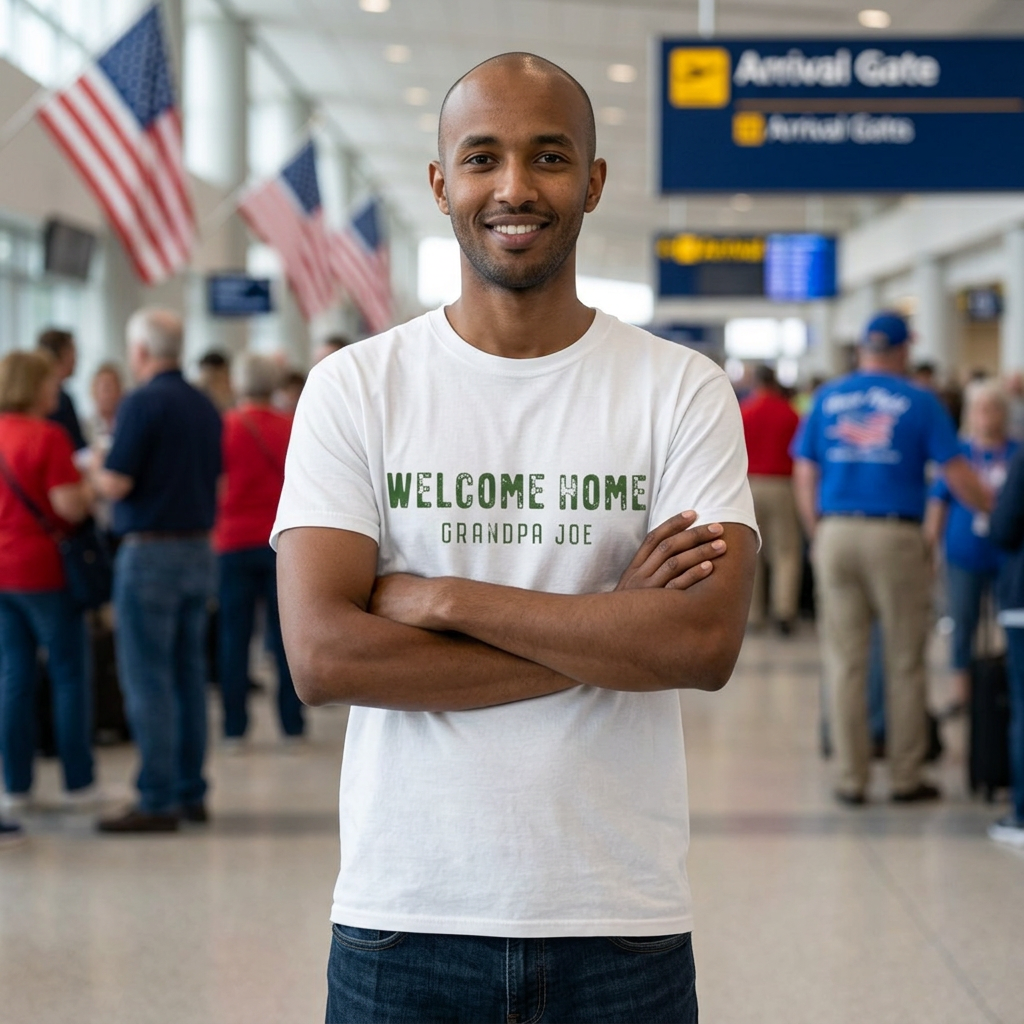 Customizable HFSN Welcome Home T-Shirt worn at an Honor Flight Southern Nevada Veteran homecoming celebration.