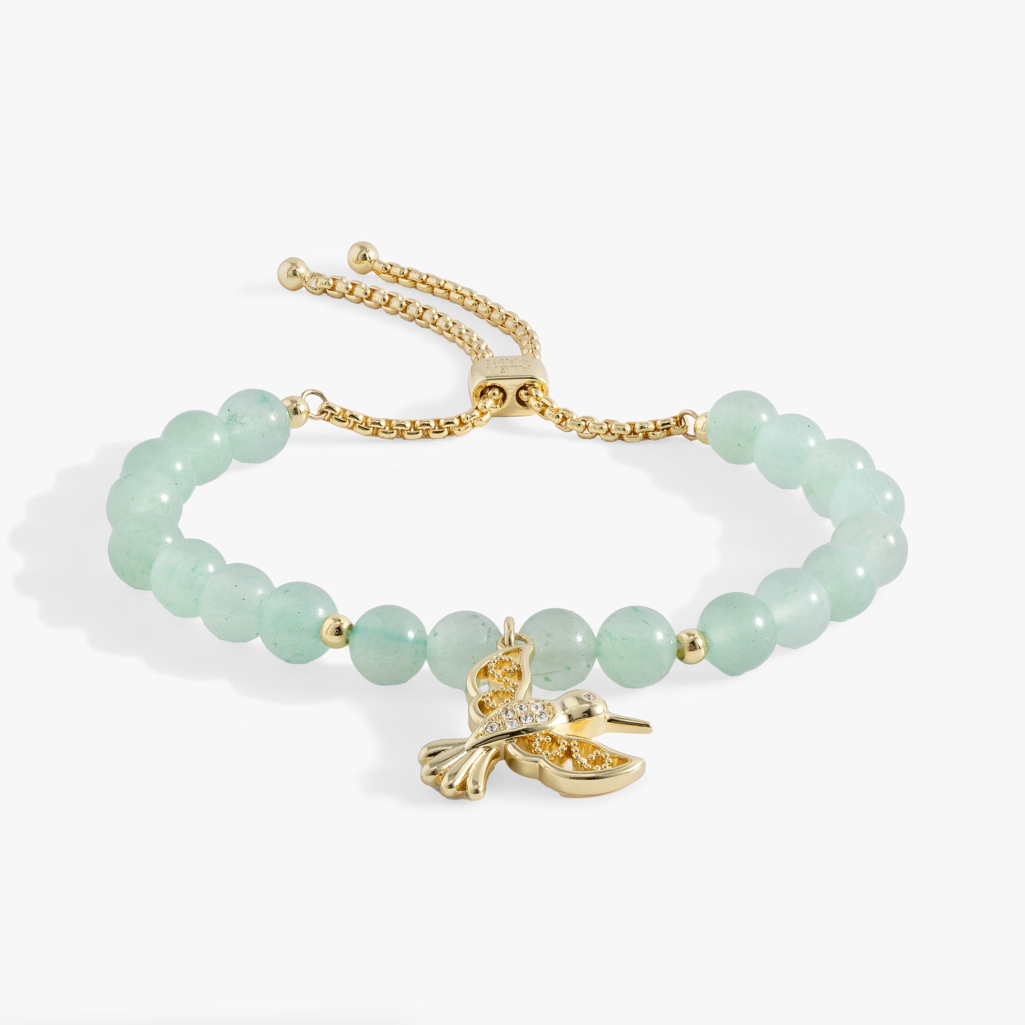 Hummingbird gemstone bolo bracelet featuring green aventurine beads and crystal-accented gold hummingbird charm
