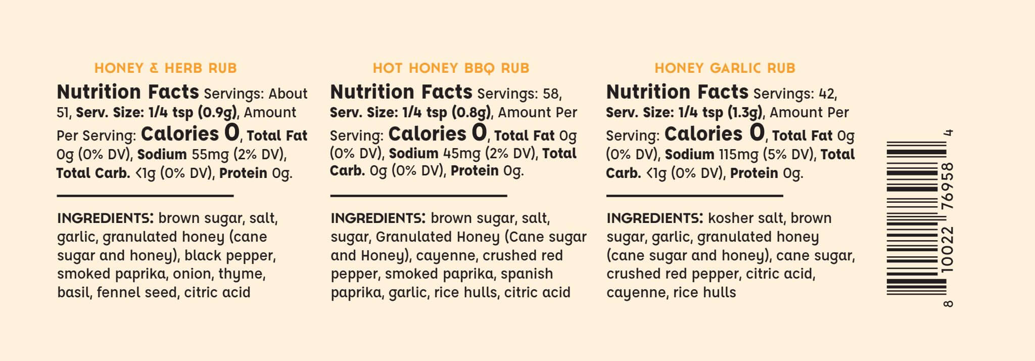 Back label of 3 pack honey collection gift set showing nutrition facts, ingredients, and barcode for honey herb rub, hot honey BBQ rub, and honey garlic rub