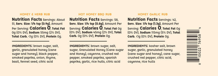 Back label of 3 pack honey collection gift set showing nutrition facts, ingredients, and barcode for honey herb rub, hot honey BBQ rub, and honey garlic rub