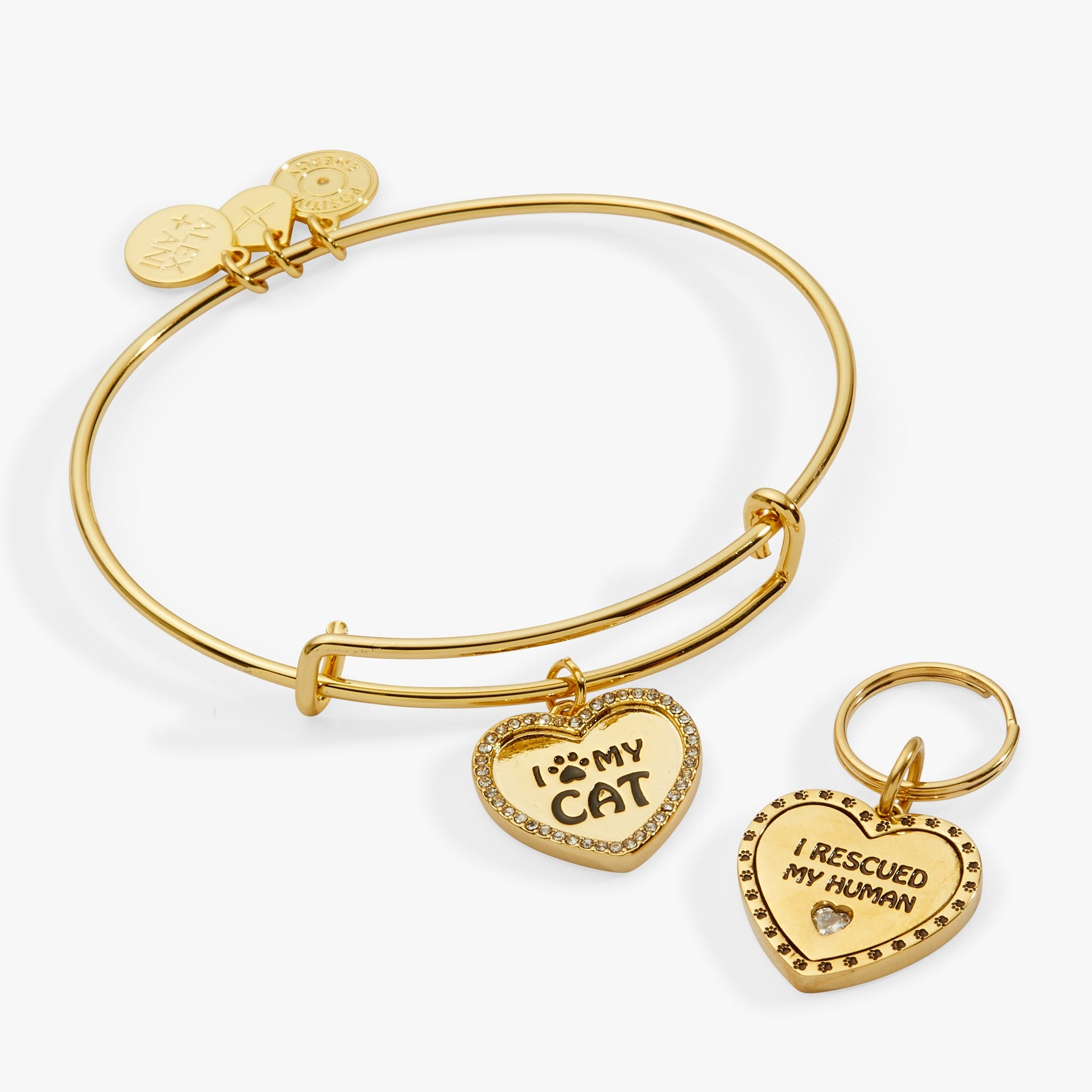 I Love My Cat bangle and I Rescued My Human pet collar charm from the cat lover charm set for cat enthusiasts.
