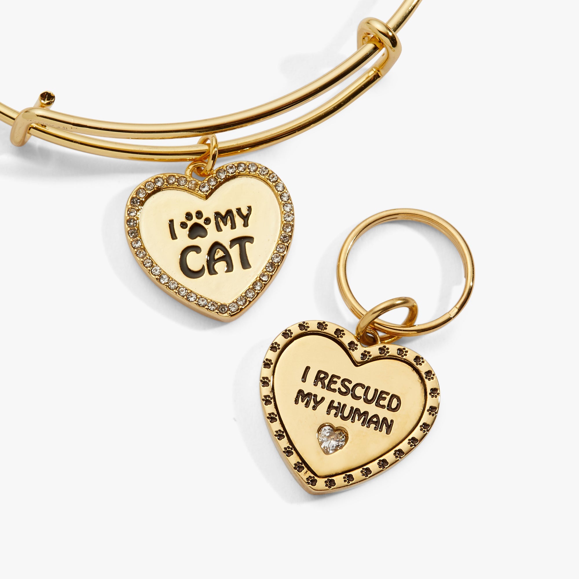 I Love My Cat bangle and collar charm set from the cat lover charm set, featuring heart-shaped designs with playful sayings.