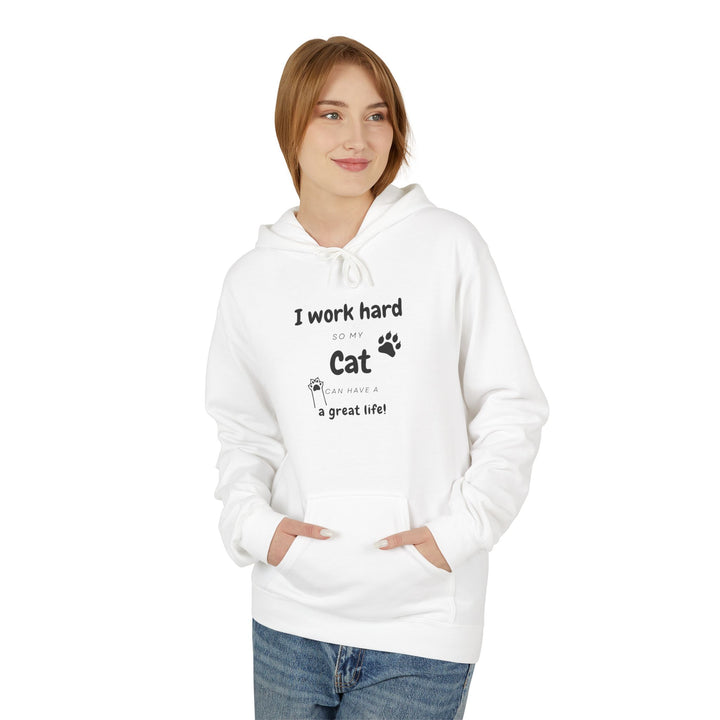 Woman wearing white hoodie with text “I work hard so my cat can have a great life,” featuring cat paw print — cozy cat lover gift sweatshirt.