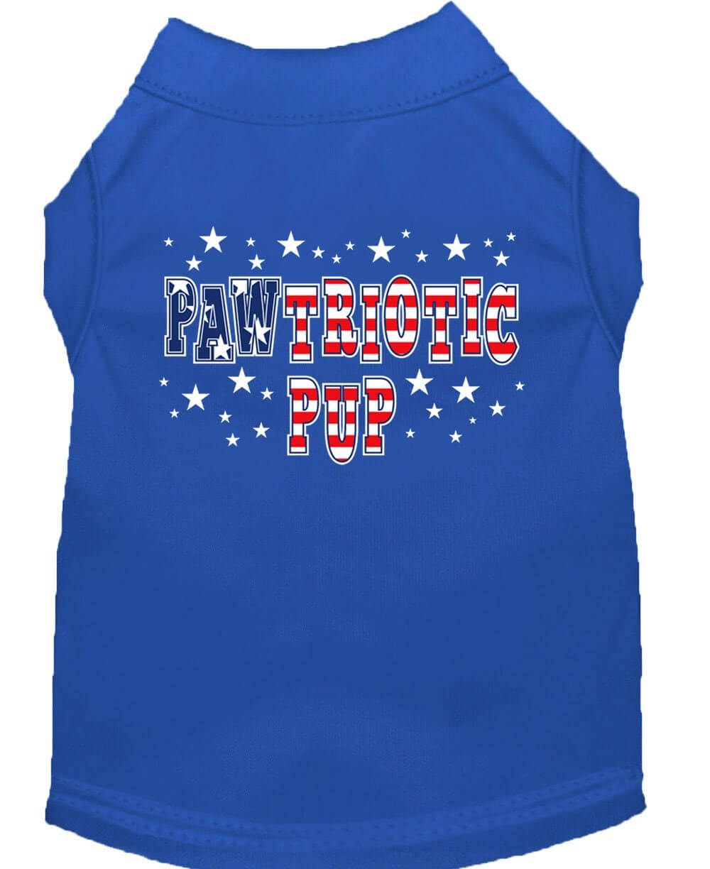 Blue dog shirt with Pawtriotic Pup USA design for dogs and cats