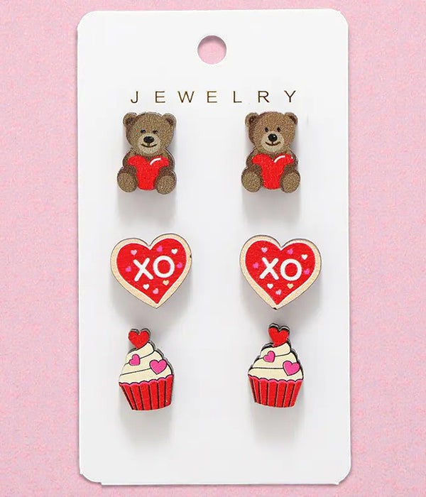 Valentine’s 3-Pair Earring Set – Bear, Heart & Cupcake Studs