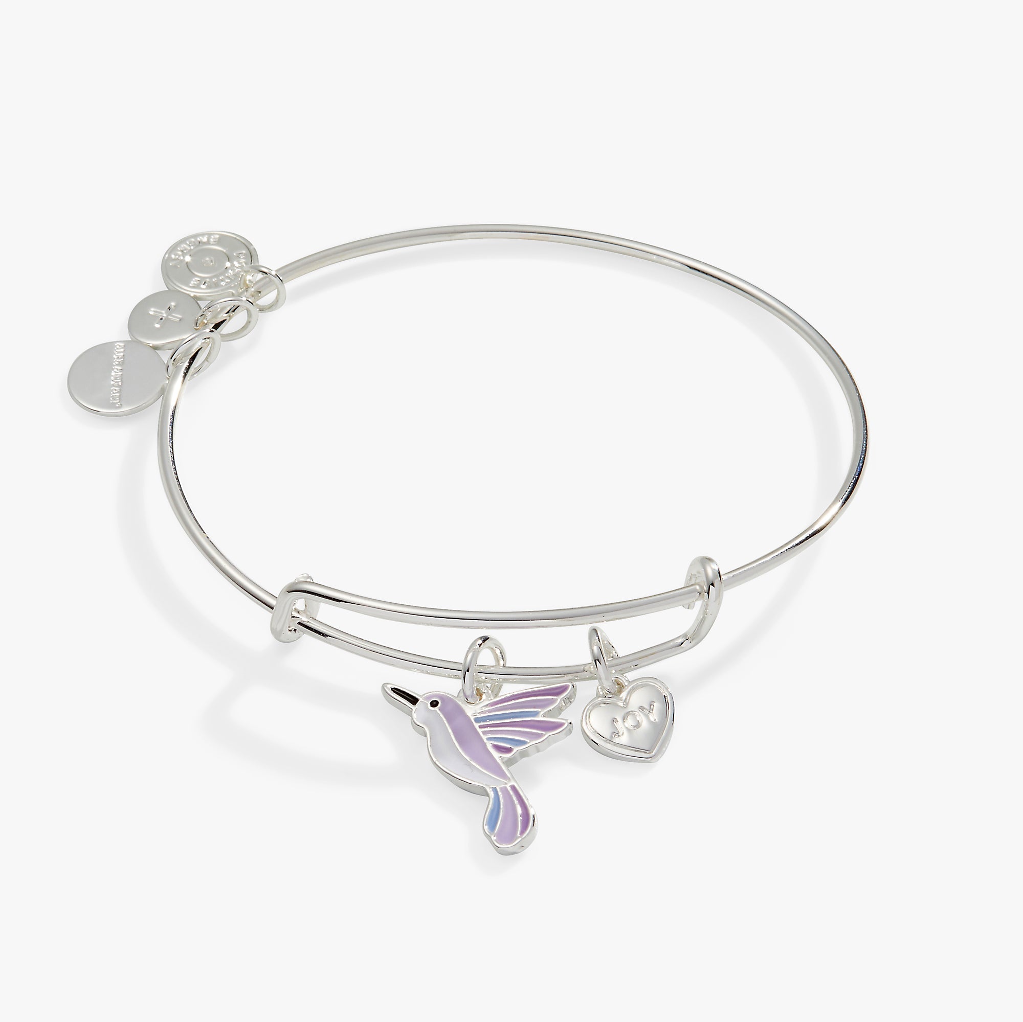 Hummingbird charm bangle bracelet featuring a colorful hummingbird and heart charms, symbolizing joy and adventure.