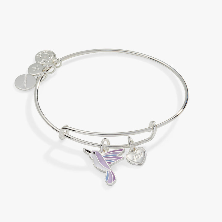 Hummingbird charm bangle bracelet featuring a colorful hummingbird and heart charms, symbolizing joy and adventure.