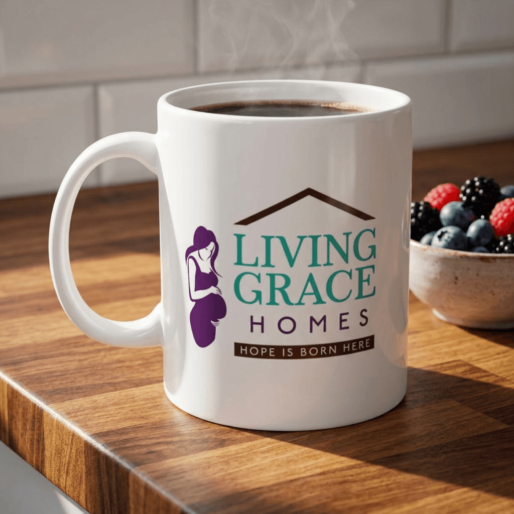 LGH Hope Mug ceramic coffee cup featuring Living Grace Homes logo and uplifting message on a wooden table.