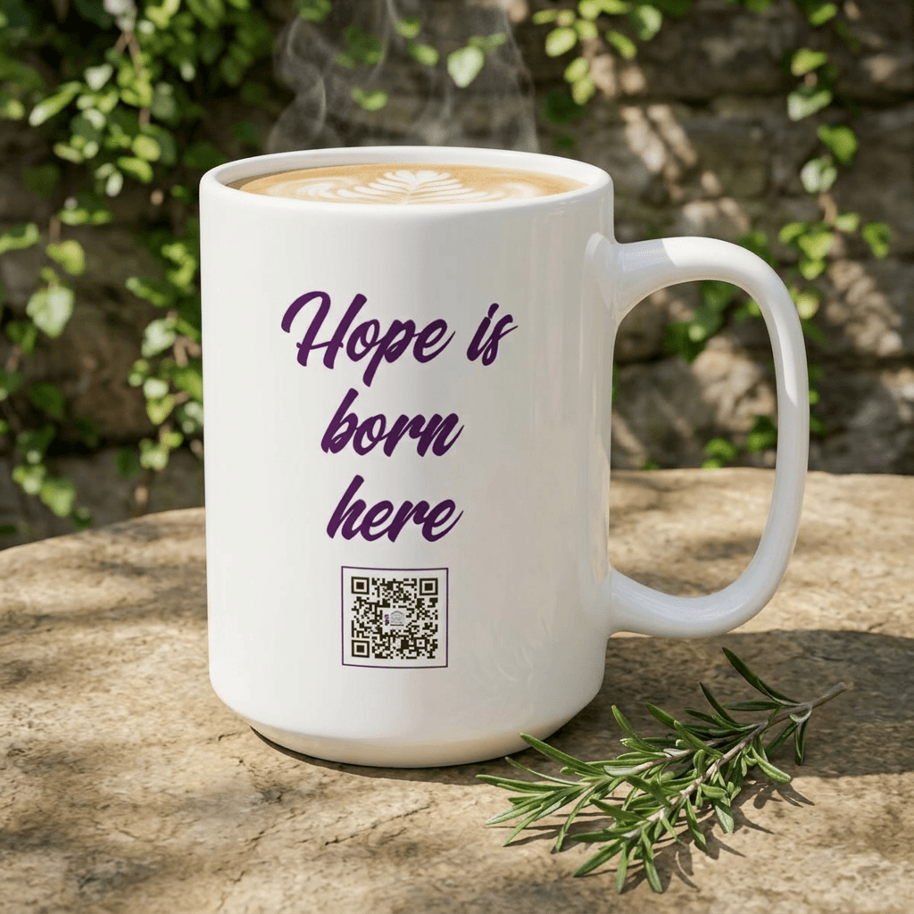 LGH Hope Mug ceramic coffee cup with uplifting 'Hope is born here' message, perfect for daily inspiration.