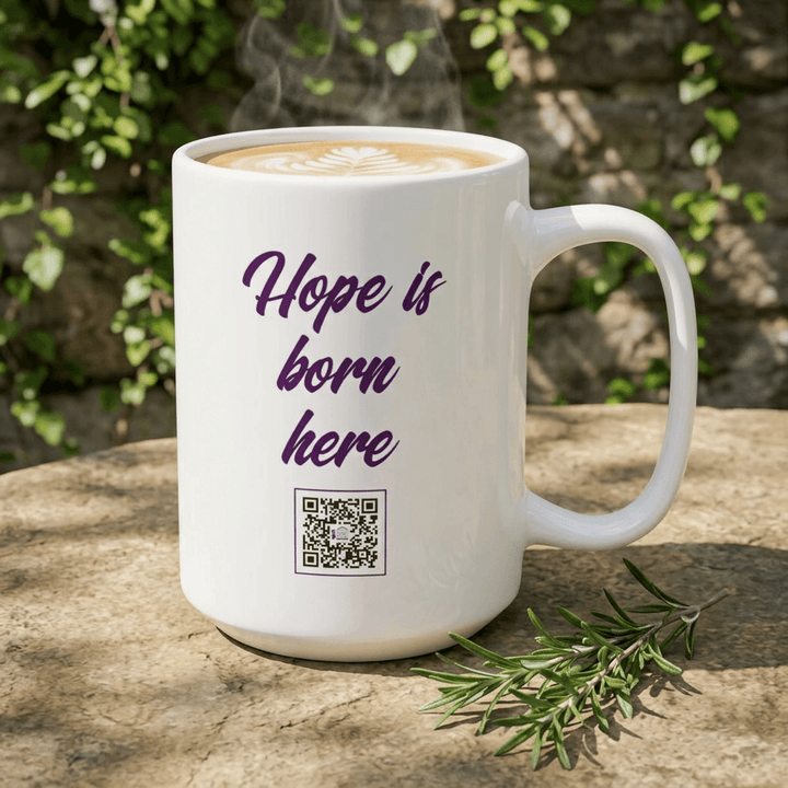 LGH Hope Mug ceramic coffee cup with uplifting 'Hope is born here' message, perfect for daily inspiration.
