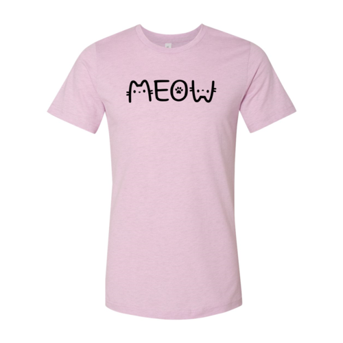 Meow cat graphic design for cat lovers, cat moms, cat dads, and feline enthusiasts, Soft Bella Canvas t-shirt Heather Prism Lilac
