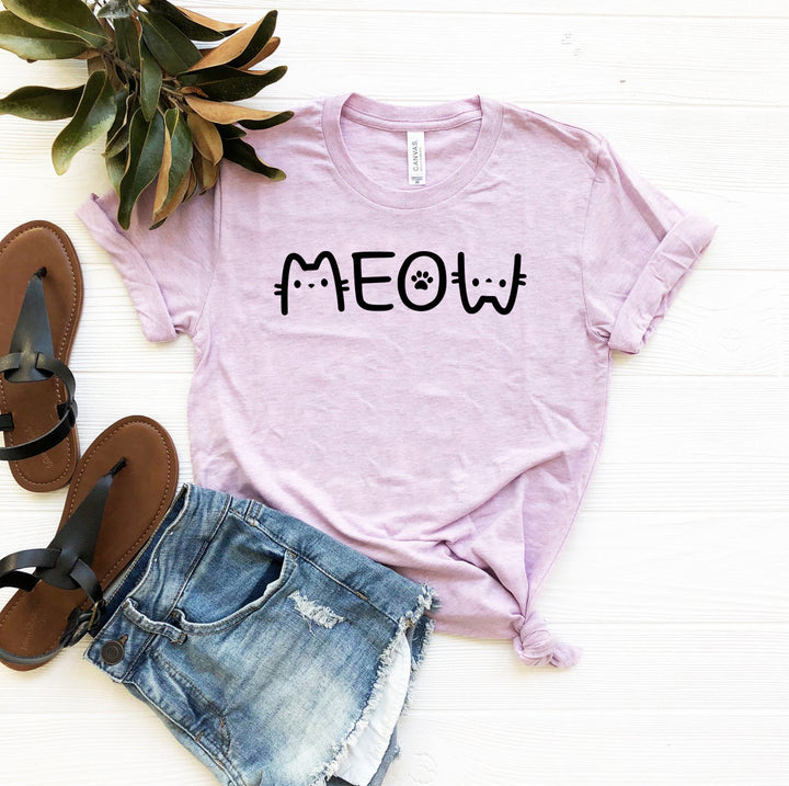 Soft Bella Canvas t-shirt featuring a playful Meow graphic design for cat lovers, cat moms, cat dads, and feline enthusiasts.