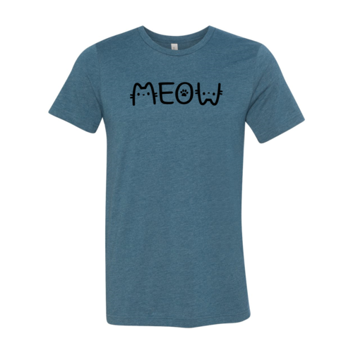 Meow cat graphic design for cat lovers, cat moms, cat dads, and feline enthusiasts, Soft Bella Canvas t-shirt deep teal