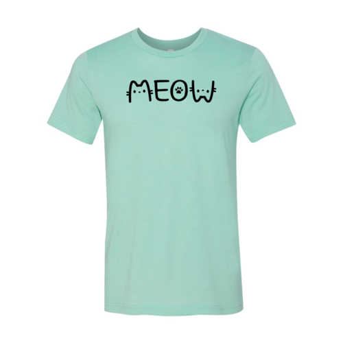 Meow cat graphic design for cat lovers, cat moms, cat dads, and feline enthusiasts, Soft Bella Canvas t-shirt Heather Mint