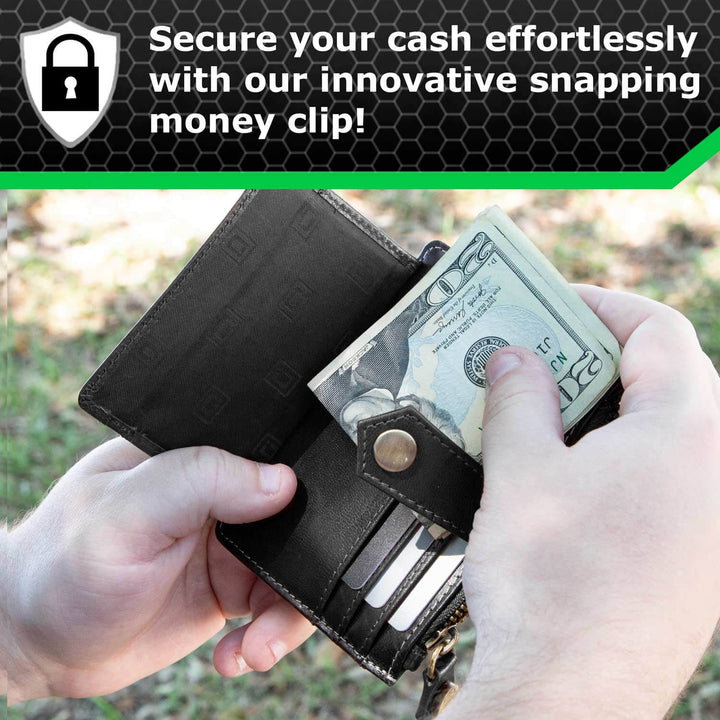 Person using a black snapping money clip to hold cash and cards outdoors.