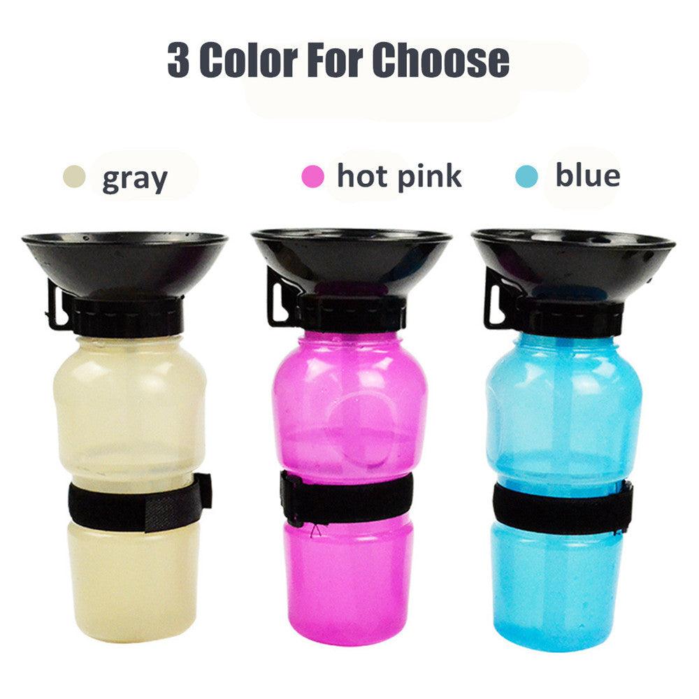 Travel dog water bottle in beige, pink, and blue colors