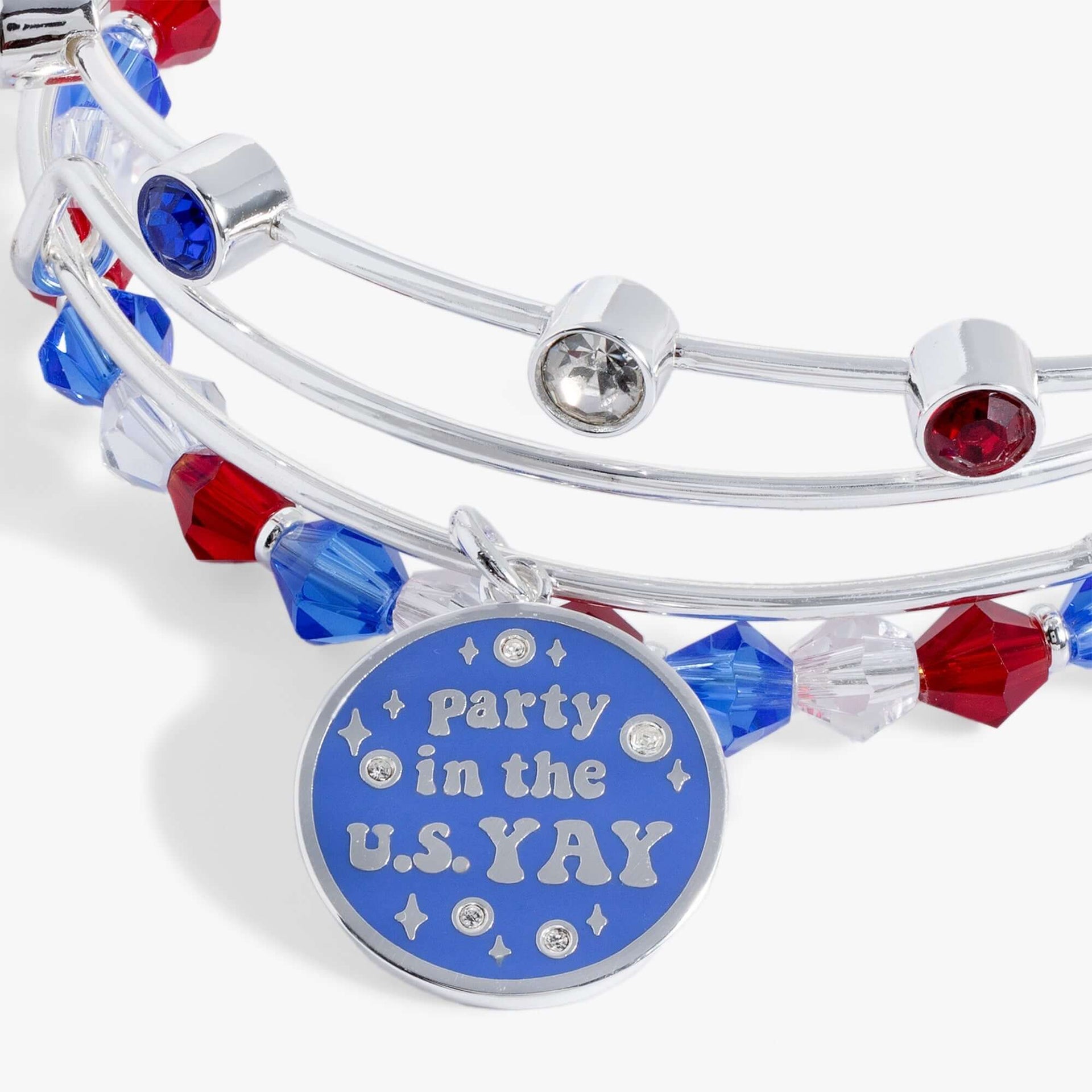 Blue enamel heart charm bracelet with “Party in the USA Yay!” text and crystal accents