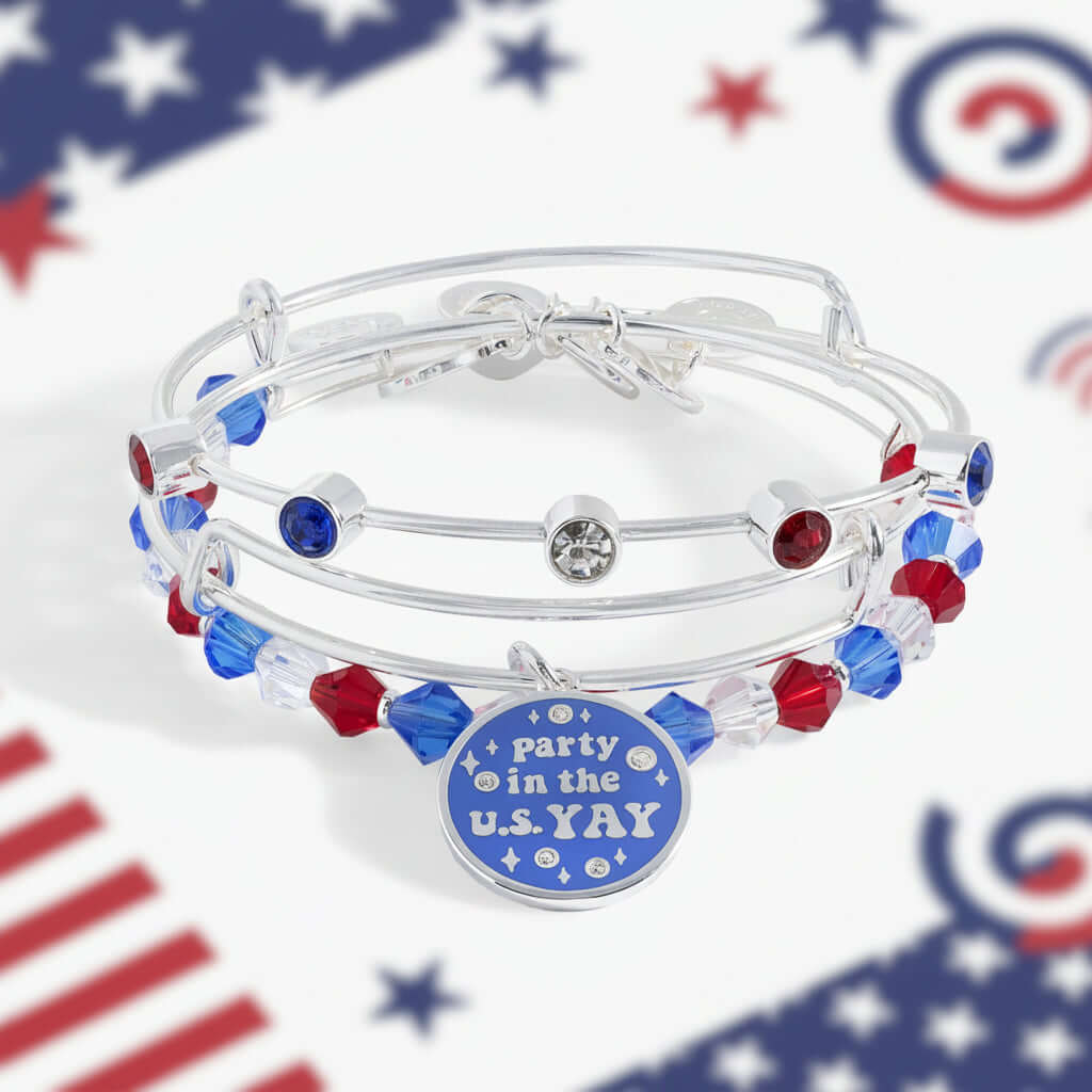 Patriotic bangle bracelet set with red white and blue beads and USA charm
