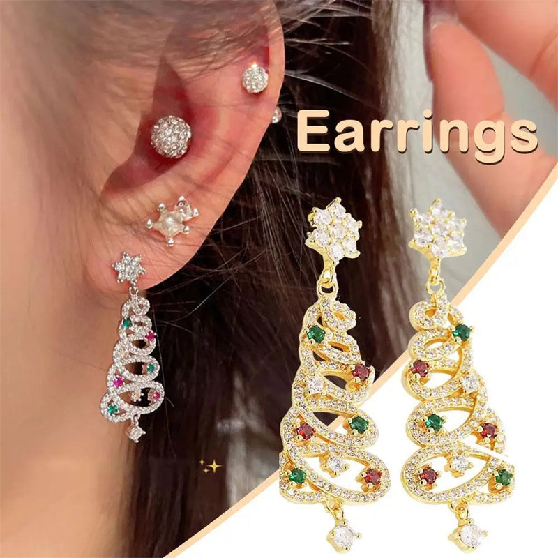 Close-up of a person wearing gold earrings with gemstones, with 'Earrings' text overlay.