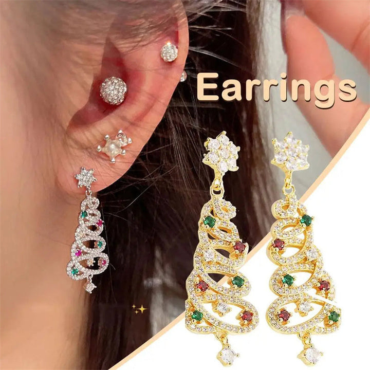 Close-up of a person wearing gold earrings with gemstones, with 'Earrings' text overlay.