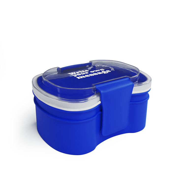 Angled view of a personalized blue stackable bento lunch box featuring two compartments, leak-resistant snap-lock closure, and custom lid design