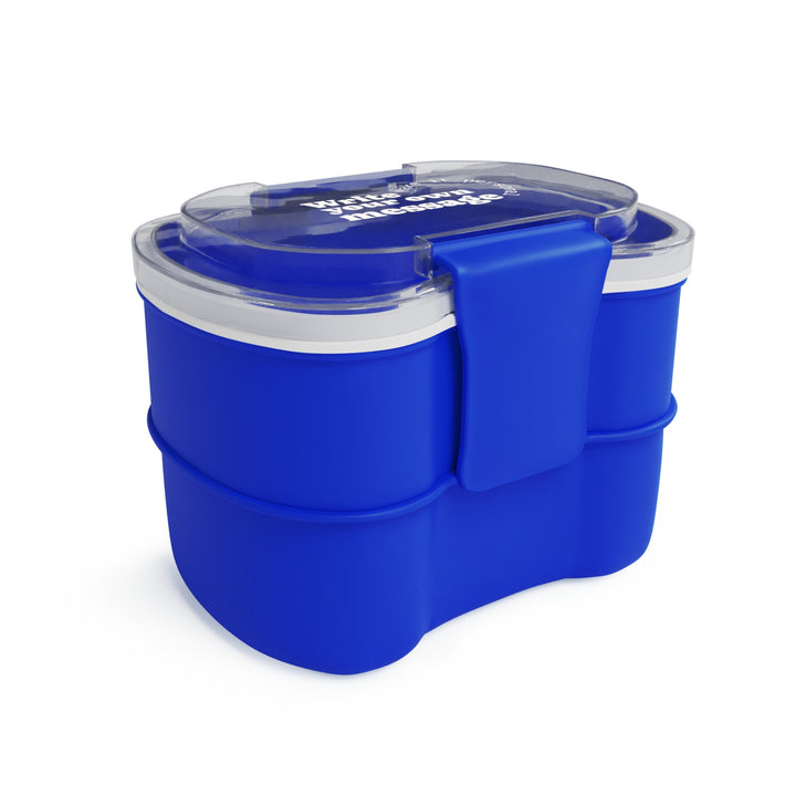 Side view of a personalized blue two-tier bento lunch box with secure snap-lock lid, stackable compartments, and custom printed lid.