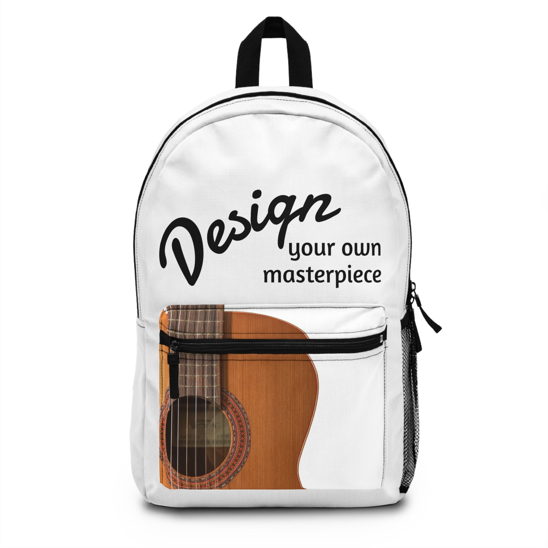 Front view of a personalized custom backpack featuring a customizable front panel for names, artwork, logos, photos, or unique designs. Backpack has large, zippered pocket, mesh water bottle holder, and padded straps for school, travel, or everyday use.