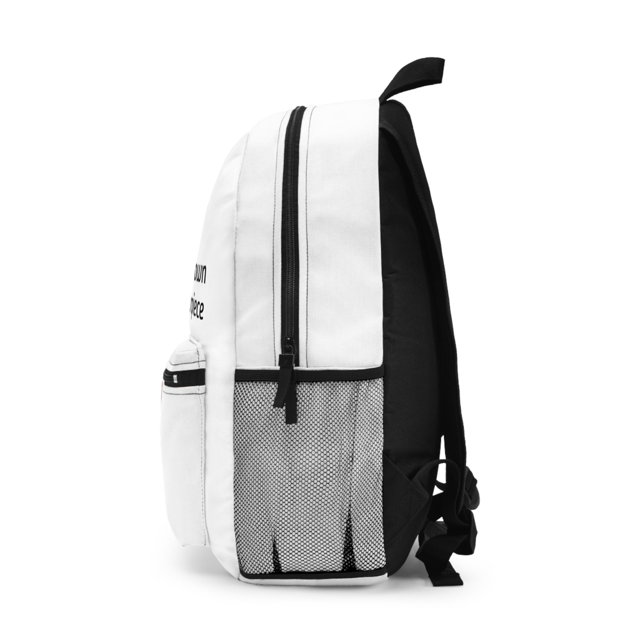 Side view of a personalized white backpack featuring a mesh water bottle pocket, spacious main compartment, padded back panel, and adjustable shoulder straps.