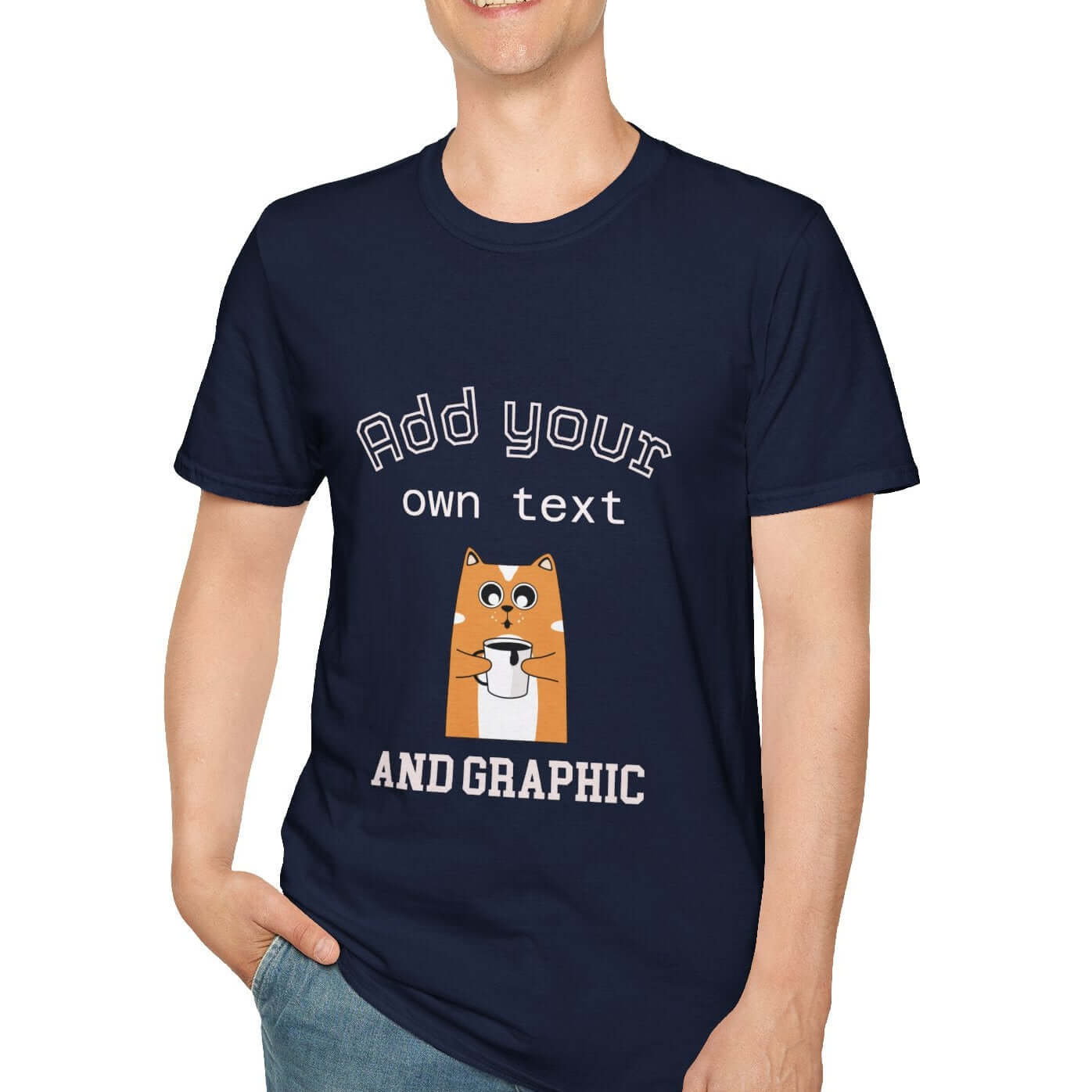 Personalized t-shirts with custom graphics featuring a playful cat design and customizable text option.
