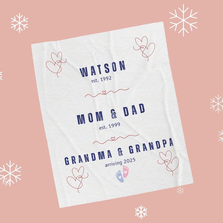 Personalized family timeline blanket with family name, established dates, and baby announcement details