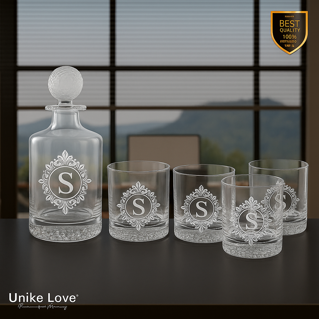 Personalized golf decanter set with round glass decanter golf ball stopper and four engraved whiskey rocks glasses