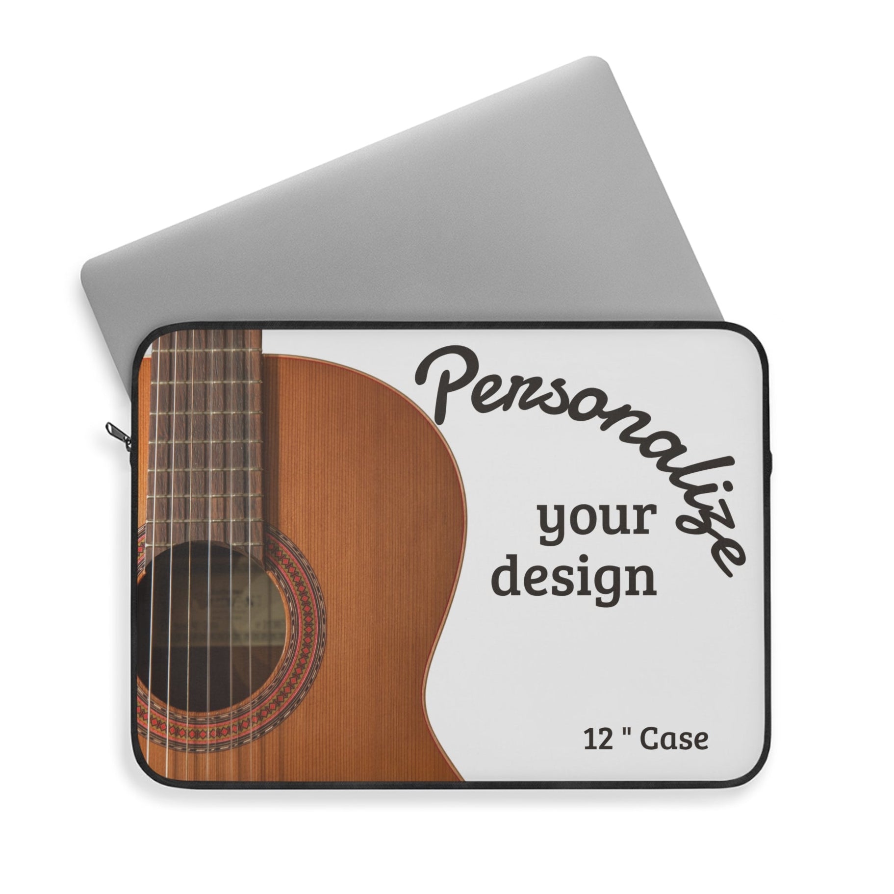 Personalized laptop sleeve featuring a customizable acoustic guitar design with plush fleece lining, protective padding, and secure zipper closure for laptops and tablets.