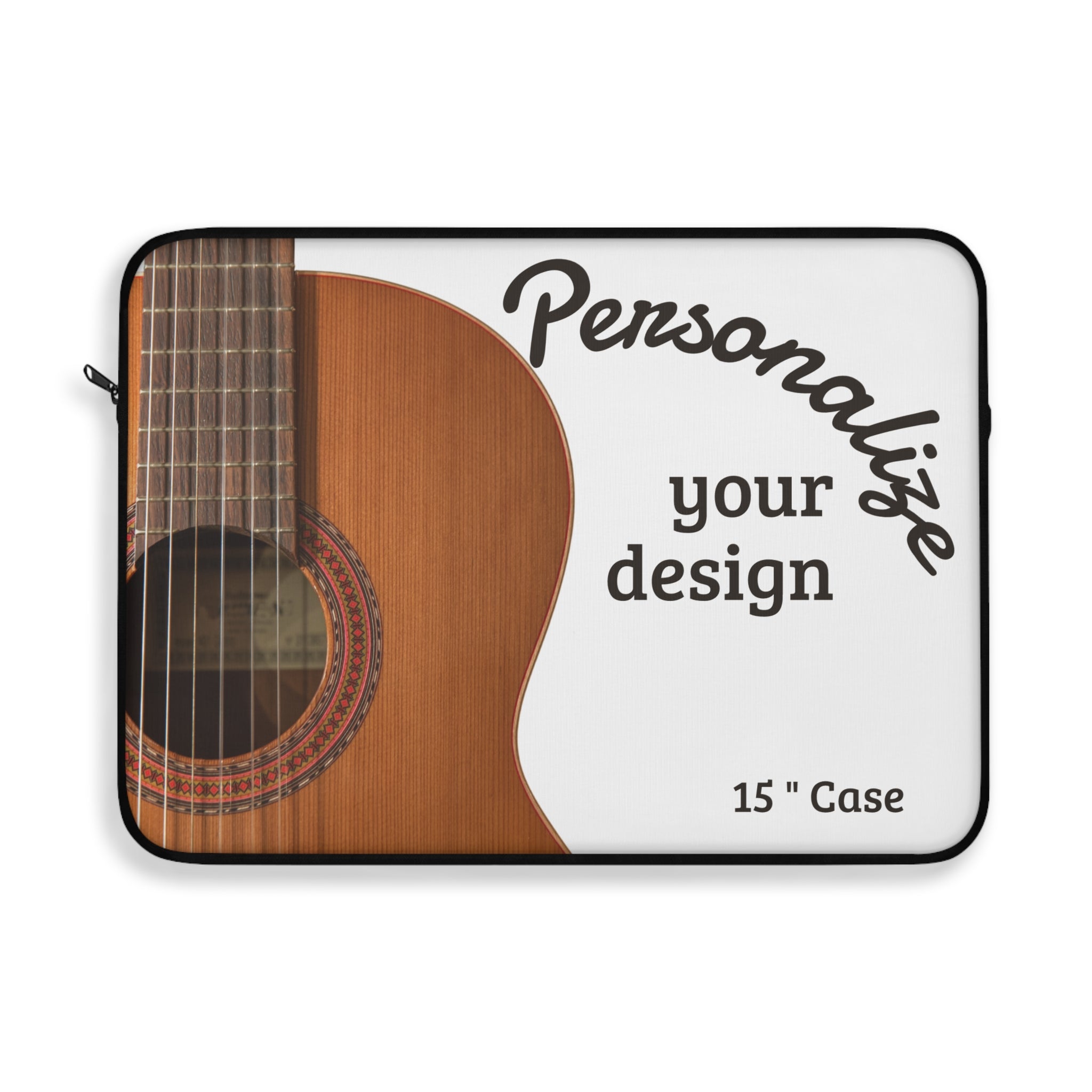 Personalized laptop sleeve featuring a customizable acoustic guitar design with plush fleece lining, protective padding, and secure zipper closure for laptops and tablets. 15" case