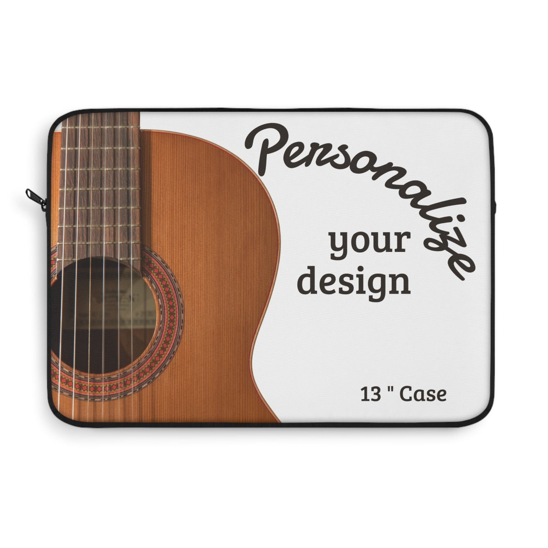 Personalized laptop sleeve featuring a customizable acoustic guitar design with plush fleece lining, protective padding, and secure zipper closure for laptops and tablets.