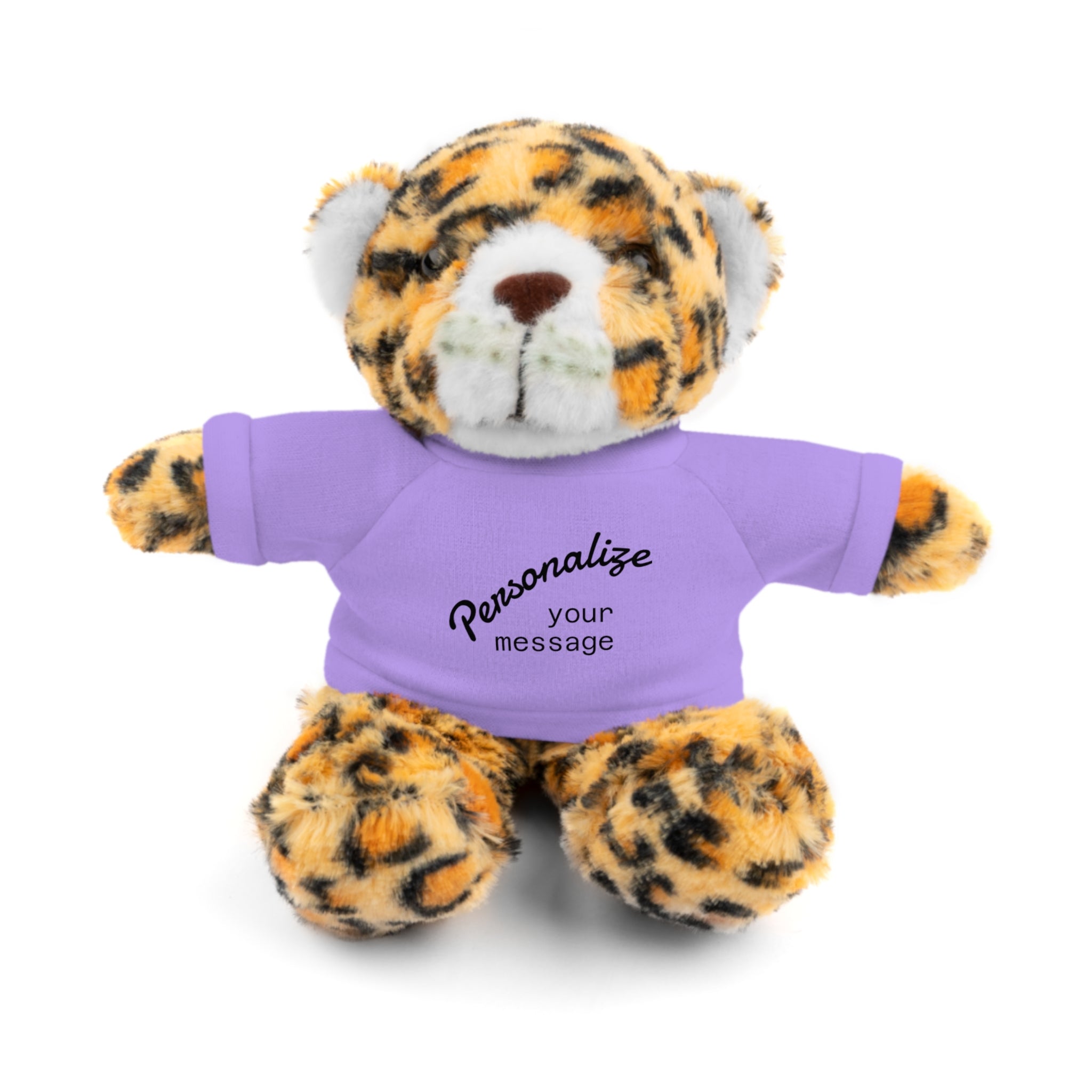 Personalized stuffed animal gift - cute plush tiger toy with customizable purple T-shirt.