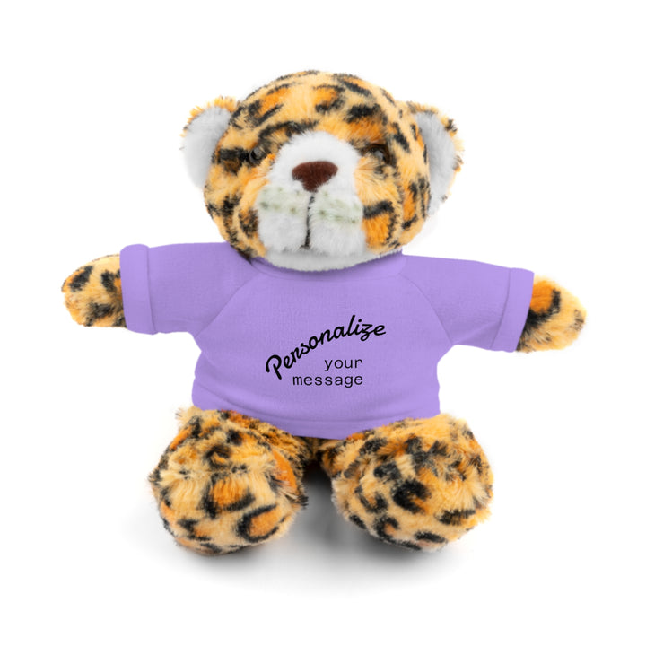 Personalized stuffed animal gift - cute plush tiger toy with customizable purple T-shirt.