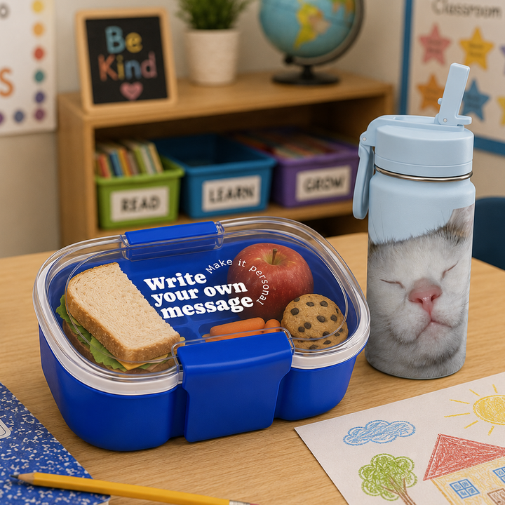 Personalized blue two-tier bento lunch box with custom message, healthy school lunch, and matching insulated kids' tumbler displayed on a classroom desk
