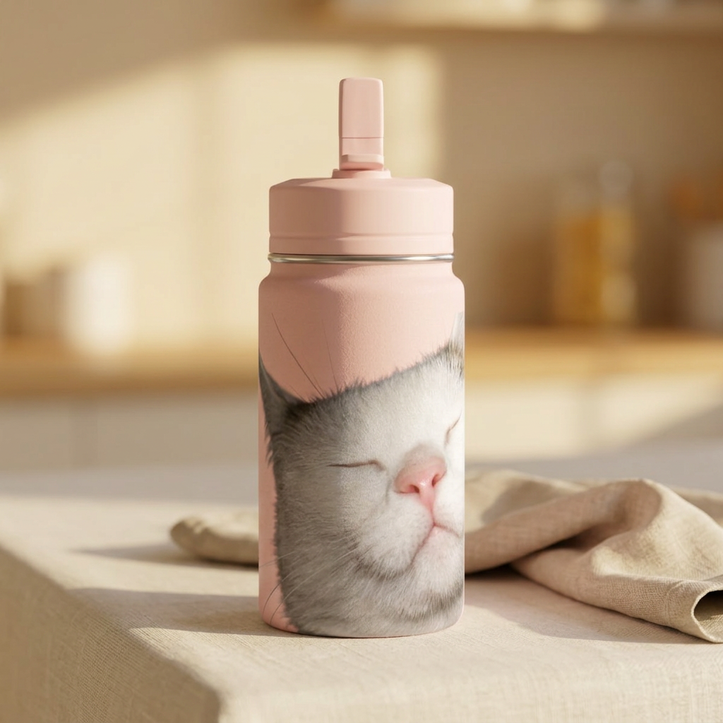 Personalized stainless steel kids water bottle with family pet's image printed artwork displayed in a cozy home setting, showcasing the leak-resistant straw lid and durable design.