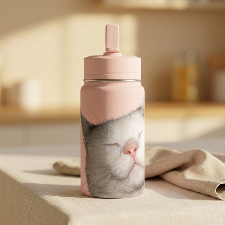 Personalized stainless steel kids water bottle with family pet's image printed artwork displayed in a cozy home setting, showcasing the leak-resistant straw lid and durable design.
