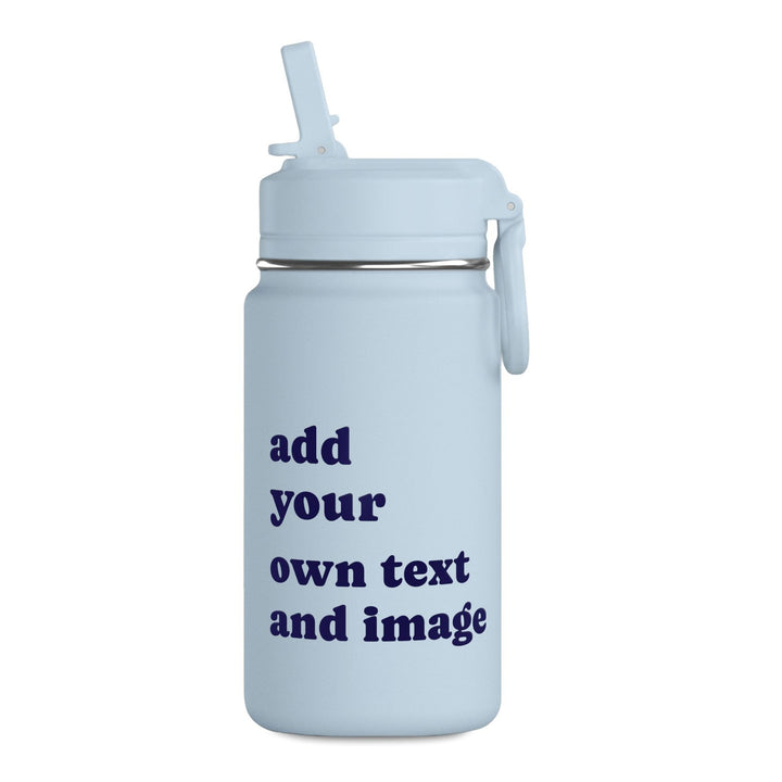 Light blue personalized stainless steel kids water bottle with custom name, text, or artwork, featuring a leak-resistant straw lid for school and travel.