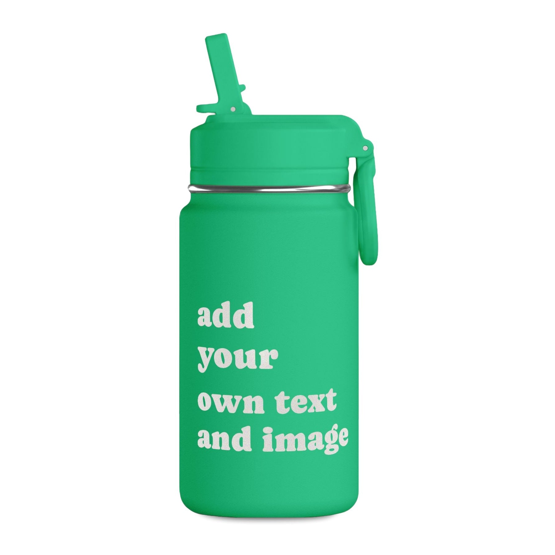 Mint green personalized 14 oz kids water bottle with custom text or image, stainless steel construction, and spill-resistant straw lid.