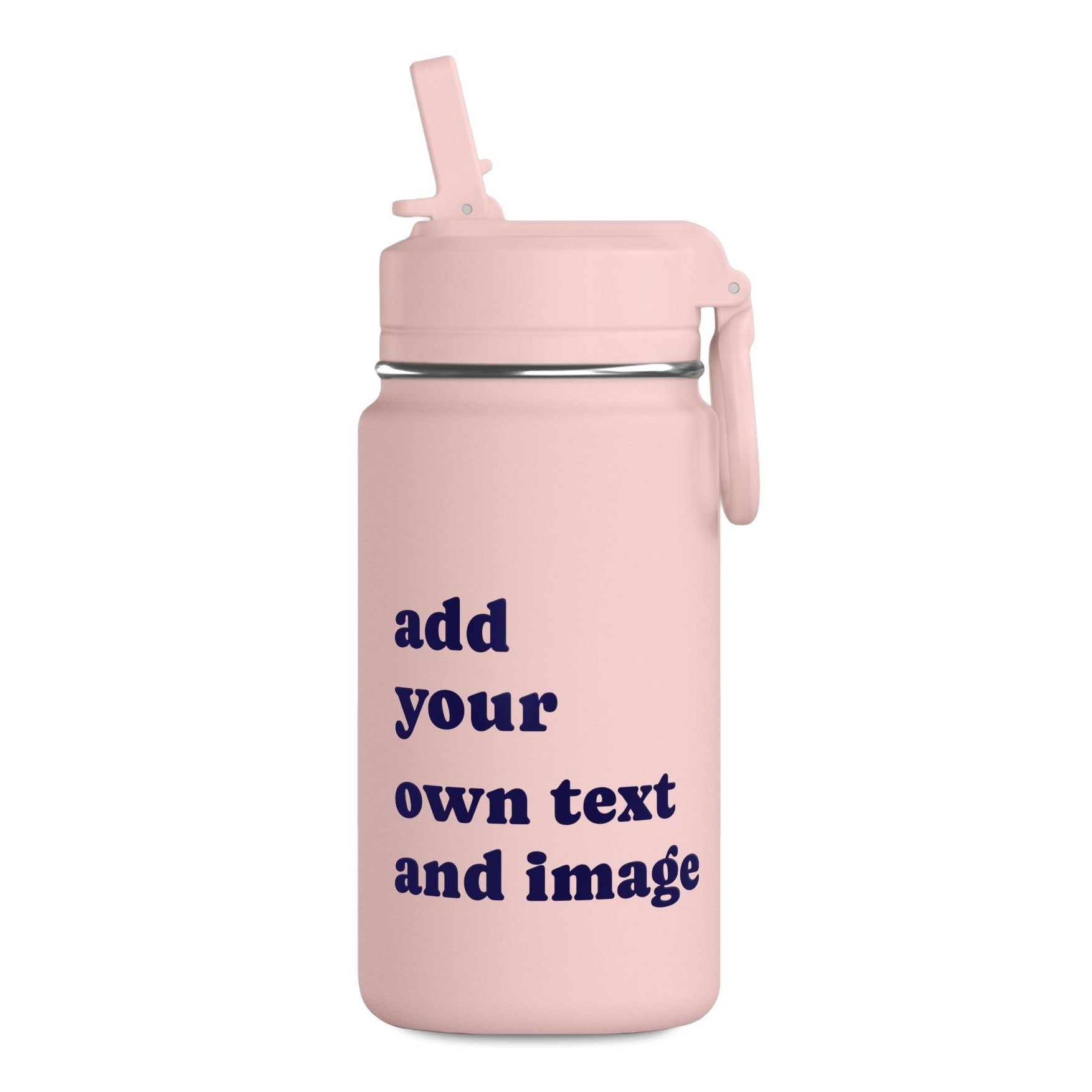 Pink personalized 14 oz stainless steel kids water bottle with custom name, text, or image, featuring a leak-resistant straw lid for school, daycare, and everyday adventures.