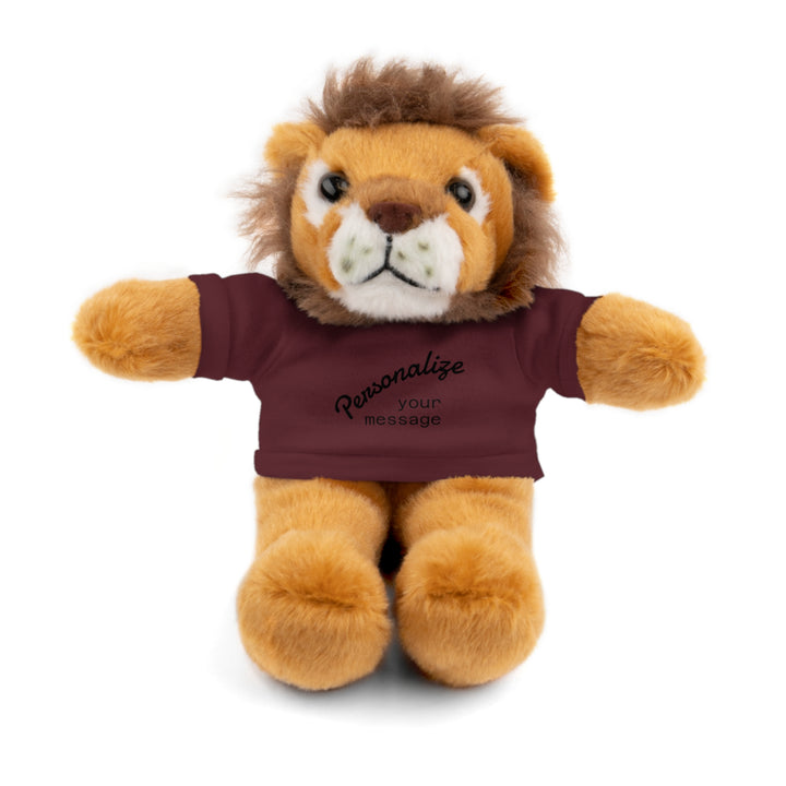 Personalized stuffed animal gift featuring a soft lion plush toy wearing a customizable T-shirt.
