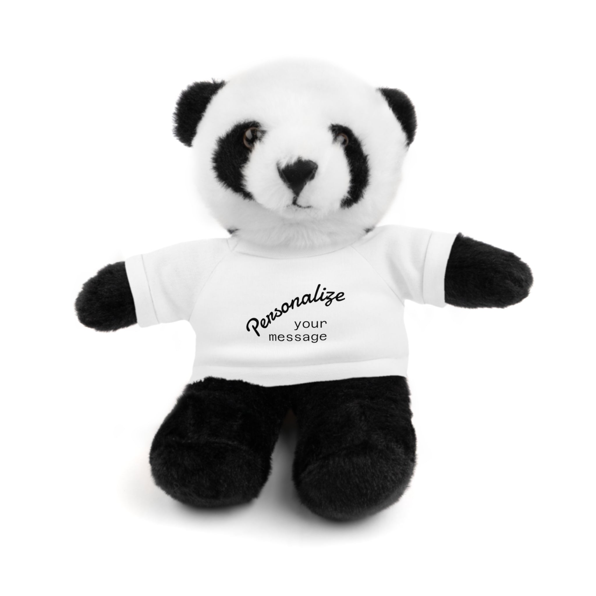 Personalized stuffed animal gift - soft panda plush toy with customizable T-shirt.
