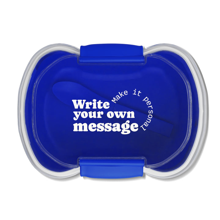Blue personalized two-tier bento lunch box with custom name and leak-resistant design for kids, featuring stackable compartments and a foldable spoon for school lunches.