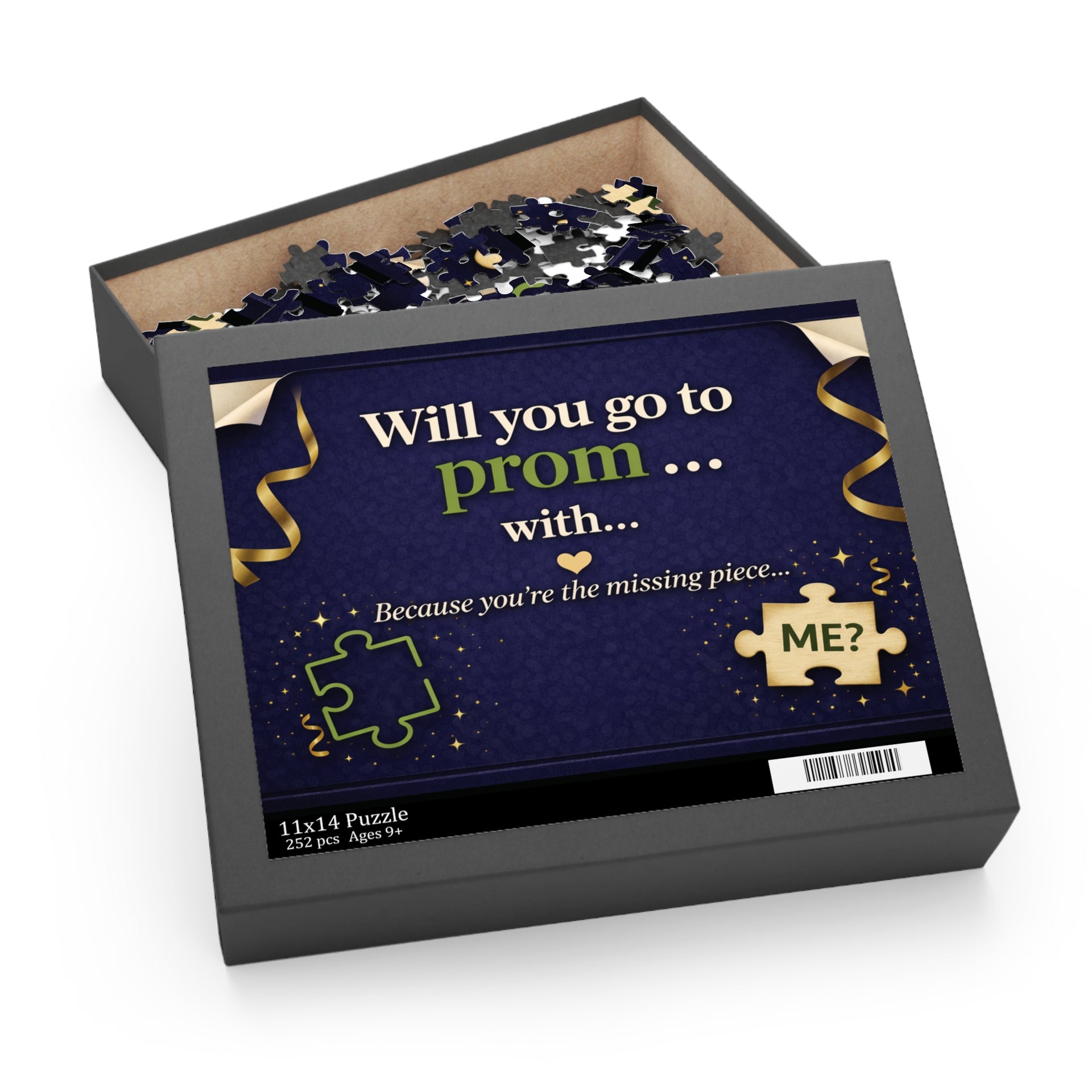 Promposal puzzle box with “Will you go to prom with me” message and gold navy design