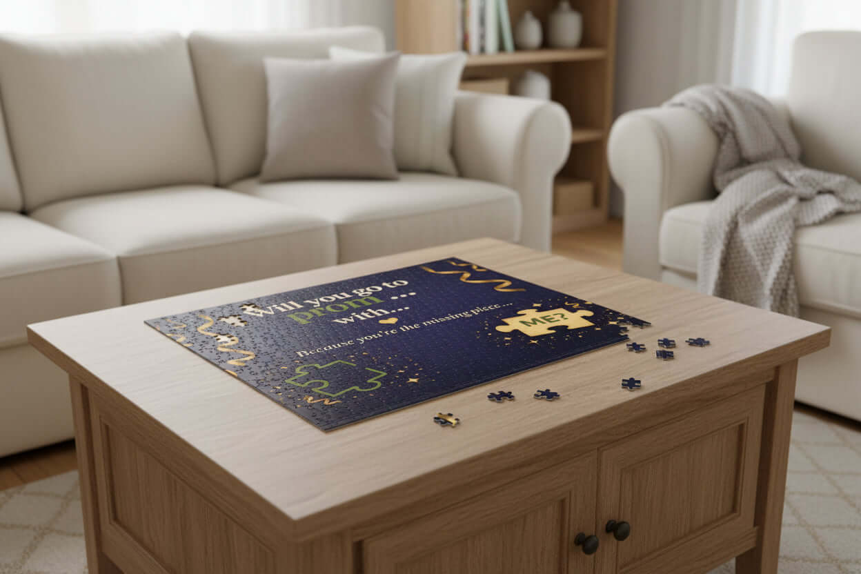 Romantic prom puzzle proposal box with navy blue and gold design asking “Will you go to prom”