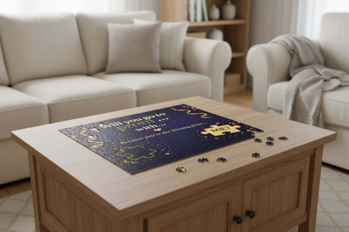 Romantic prom puzzle proposal box with navy blue and gold design asking “Will you go to prom”
