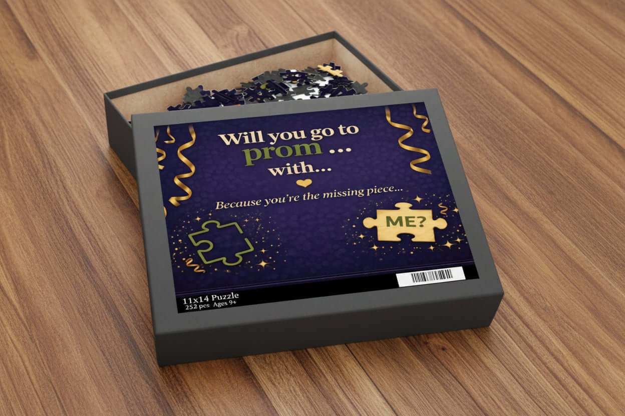 Promposal puzzle box asking “Will you go to prom with me” missing puzzle piece romantic gift idea